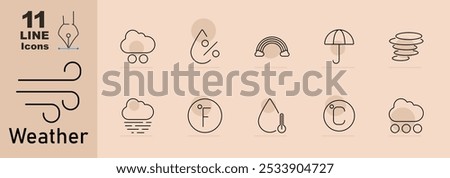 Weather set icon. Wind, hail cloud, humidity drop, rainbow, umbrella, tornado, fog cloud, Fahrenheit symbol, raindrop with thermometer, Celsius symbol, sleet cloud