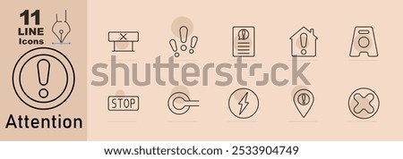 Attention set icon. Error sign, exclamation mark, document with alert, home alert, caution sign, stop sign, reload arrow, lightning warning, location with exclamation, close symbol.