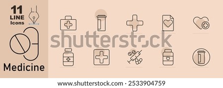 Medicine set icon. First aid kit, pill bottle, cross, heart document, heart with medical cross, pills and syringe, capsule bottle with heart, medicine container.