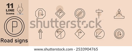 Road signs set icon. Parking sign, U-turn, right turn, no entry, direction arrow, speed bump, roundabout, no left turn, rightward arrow, downward arrow