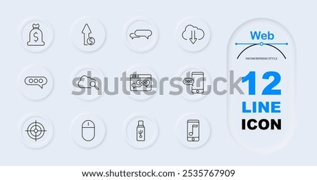 Web set icon. Money bag, rising graph, speech bubbles, cloud download, search in cloud, target, mouse, USB drive, smartphone with chat.