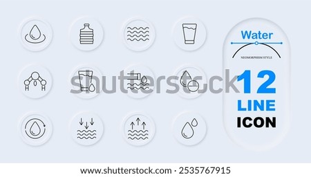 Water set icon. Drop on surface, plastic bottle, water waves, glass of water, molecular structure, faucet, drop with pill, water cycle, downward arrows, upward arrows, droplets.