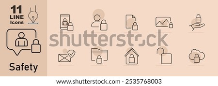 Safety set icon. Person in chat bubble, phone with lock, people with lock, document with lock, picture, hand, envelope with checkmark, folder, house