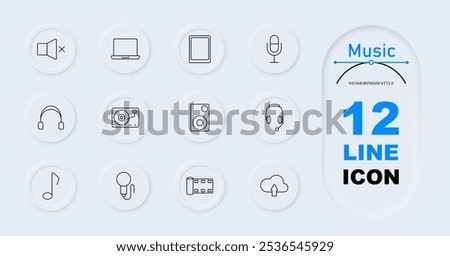 Music set icon. Play button, music note, pause button, fast forward, film camera, rewind, cloud download, photo camera, screen, CD disc.