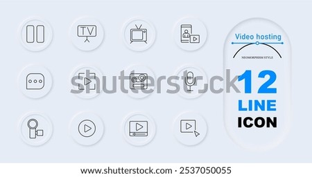 Video hosting icon. Pause, TV, vintage TV, mobile video, message, focus frame, camera, magnifier, play button, browser player, video link. Broadcasting,production, streaming, media, digital content