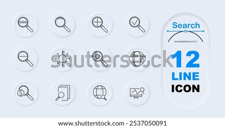 Search set icon. Magnifying glasses with plus, minus, check mark, globe, document, zoom, light bulb, search engine, graph.