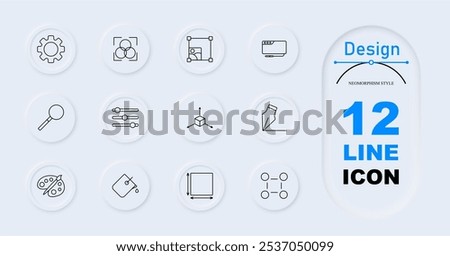 Design set icon. Icons feature cogwheel, color balance tool, cropping tool, monitor, magnifying glass, adjustment sliders, 3D axis, pencil drawing, palette, color dropper, scale tool, alignment tool