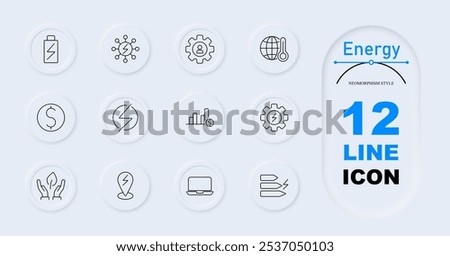 Energy set icon. Full battery, energy network, user gear, globe with temperature, dollar sign, statistics, hands holding leaf, electric symbol, laptop, location pin with lightning, settings