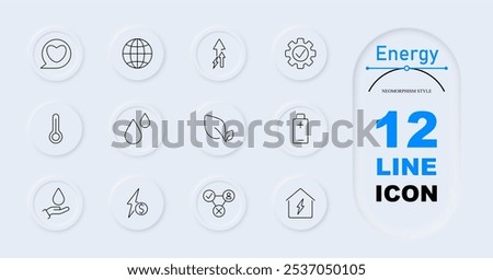 Energy set icon. Icons include heart in speech bubble, globe, increasing energy, cog with check mark, thermometer, water drops, leaf, battery, hand with water drop, energy efficiency, user connections