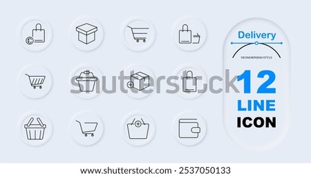 Delivery set icon. Price tag bag, empty box, trolley, box with plus, packaging, container with handles, wallet, heart box, delivery shopping bag, cart, checkout basket. Retail, product shipping