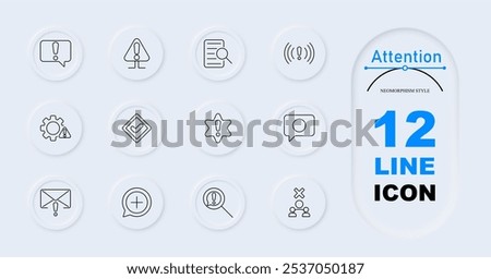 Attention set icon. Exclamation speech bubble, alert sign, document search, notification signal, warning gear, verified checkmark, star alert, exclamation envelope, zoom alert, warning magnifier