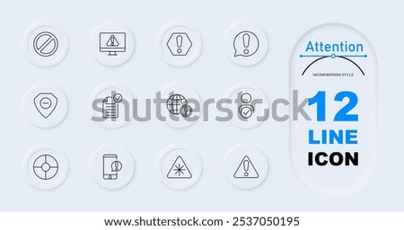 Attention set icon. No entry, computer warning, exclamation mark, speech bubble alert, shield prohibition, document check, mobile notification, triangle alert, global warning, verified user