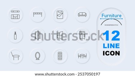 Furniture set icon. Shelf, desk, dresser, couch, vase, double door, window, wardrobe, chair, table. Home interior, furniture essentials, household items.