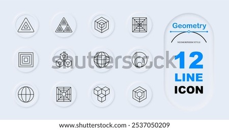 Geometry set icon. Triangle, triple triangles, cube, wireframe square, nested squares, stacked cubes, globe, circle layers, hexagonal pattern. Geometric shapes, abstract designs, 3D structures.