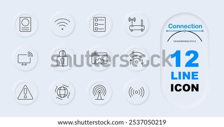 Connection icon. Passport, no Wi-Fi signal, checklist, router, monitor with Wi-Fi, lock symbol, settings on browser, upload download arrows, network warning triangle. Internet security, data transfer