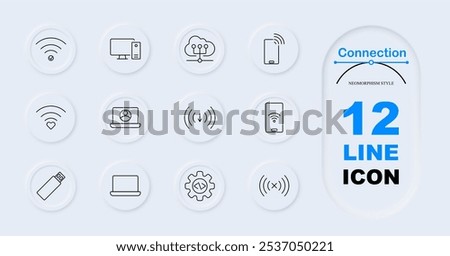 Connection set icon. Wi-Fi icon, desktop computer, cloud computing, smartphone with signal, laptop user, USB drive, coding gear, signal arrows, file transfer. Device connectivity, cloud services