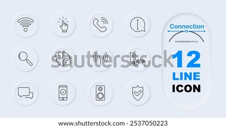 Connection set icon. Wi-Fi symbol, hand clicking, phone call, information bubble, search magnifier, currency exchange, antenna, chat bubble, mobile checkmark, speaker system, security shield