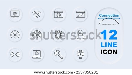 Connection set icon. Monitor with settings, Wi-Fi off, browser with play button, browser with analytics, user, Wi-Fi error, Wi-Fi success, search play, antenna. Internet connectivity, network status.