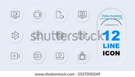 Video hosting set icon. Monitor, camera, document, play, settings, timeline, camera with plus, fast forward. Video content creation, editing, playback, media tools.