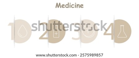 Medicine set icon. Droplet, medicine bottle, tablet with plus, laboratory flask, liquid medicine, healthcare tools, pharmaceuticals, chemistry