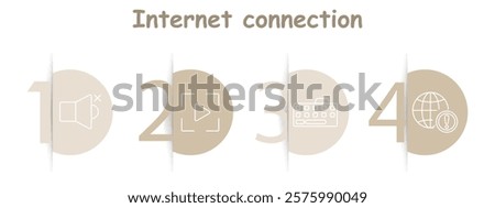 Internet connection set icon. Mute icon, play button, keyboard, globe with exclamation, streaming, multimedia tools, alerts, data input.