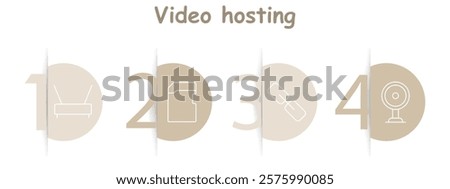 Video hosting set icon. Router, memory card, link, camera, connectivity, storage, recording, streaming