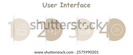 User interface set icon. SD card, cloud upload and download, gear with warning, forward button, storage, cloud services, error, navigation.