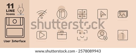 Wifi off, identification, calculator, forward, photo gallery, video, briefcase, smile, remove user, calendar. Icons highlight tools and interface features for productivity and file management