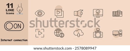 Toggle switch, eye, video, muted speaker, monitor with checkmark, keyboard, play button, globe with warning, cloud upload, camera, desktop. Icons represent multimedia, connectivity, and internet tools