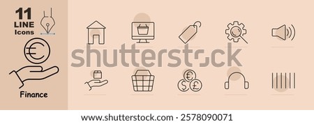 Finance set icon. Shopping cart, briefcase, currency symbol, wallet, house with dollar, package, mail icon, and star. Represents e-commerce, investments, and transactions.