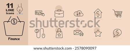 Finance set icon. Shopping cart, briefcase, currency symbol, wallet, house with dollar, package, mail icon, and star. Represents e-commerce, investments, and transactions.