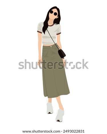 Vector illustration of a girl in a light t-shirt, a green skirt and white shoes. Accessorized with black glasses and a shoulder bag.