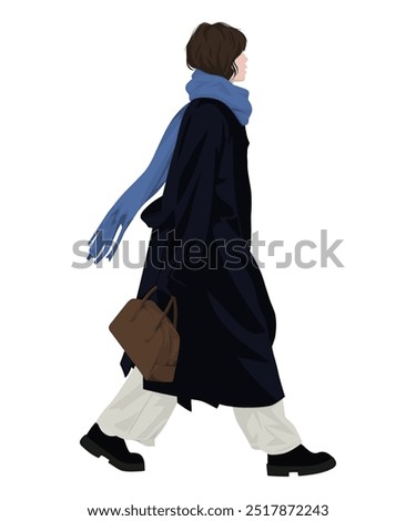 Vector illustration of a woman in a long black coat, light pants and chunky boots. Accessorized with a blue scarf and a brown bag.