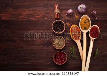 Spices of the world; spices in a wooden spoon; the substrate for the menu bars and restaurants; Cover cookbook; recipes; spicy food; Mexican cuisine; Georgian cuisine