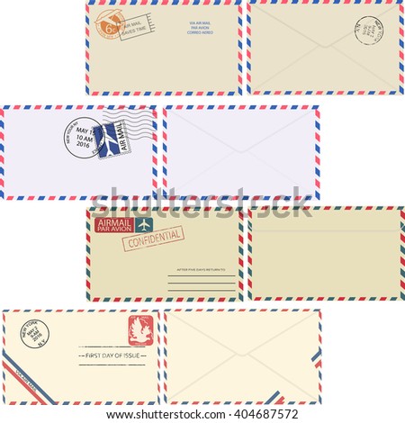 Air mail envelope with postal stamp isolated on white background. Set of vintage air mail envelopes with stamps, postal elements and copy space for text top view. Minimal vector illustrator. 