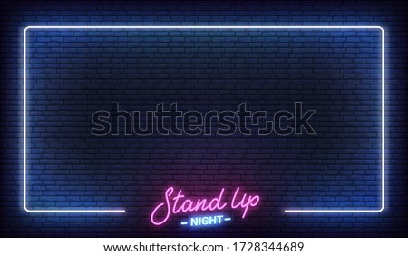 Stand up comedy show neon template. Stand up lettering and glowing neon border frame Stockfoto © 