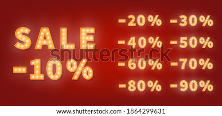 Marquee sale discount numbers. 3d vector set of gold light bulb numbers. Promotion sale price template