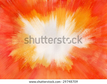 Real watercolor painting with red and yellow with explosion appearance. Blank space in middle for copy.