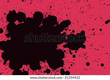 Black ink and paint blots on bright pink background