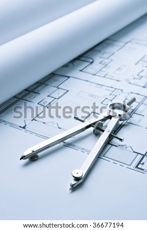 Blue Print Floor Plans with Drawing Compass