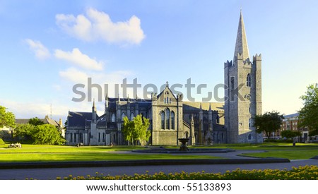 Saint Patrick Cathedral Dublin Ireland. Ultra wide field of view showing entire architecture
