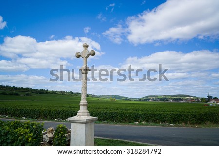 Stone cross marker among the vineyards in Burgundy France