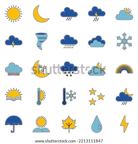 Simple set of weather icon vector Filled Line. Contains symbols of sun, cloud, snowflake, wind, rainbow, moon and more. There are 25 icon sets. 