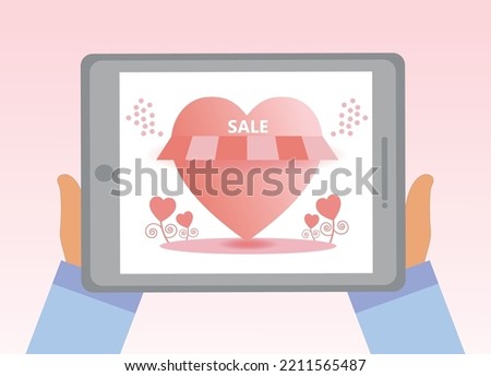 Hand holding  touch screen tablet with sale tag heart valentine day  shopping on pink background vector for online shopping banner sale design for online shop for sale decorate valentine day festival