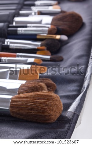 Set of professional make-up brushes in black leather case