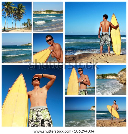 Collage with surfer with surfboard on tropical beach, Dominican Republic
