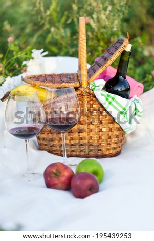 Outdoor picnic setting with red wine and fruits