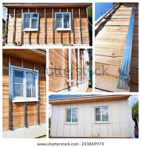 Collage with process of external wall insulation in wooden house, building under construction