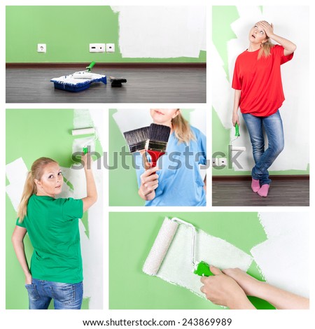 Collage of young woman with paint tools. Painting wall process at home interior