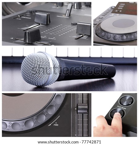 Dj tools collage with parts of cd player, microphone  and mixer
